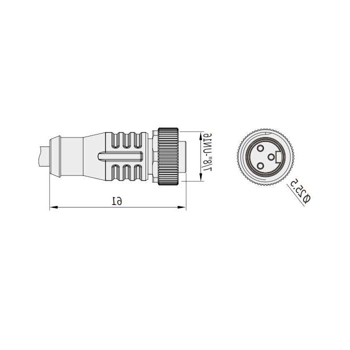 7/8”3Pin、母头直型、单端预铸PUR柔性电缆、黑色护套、0PI365-XXX