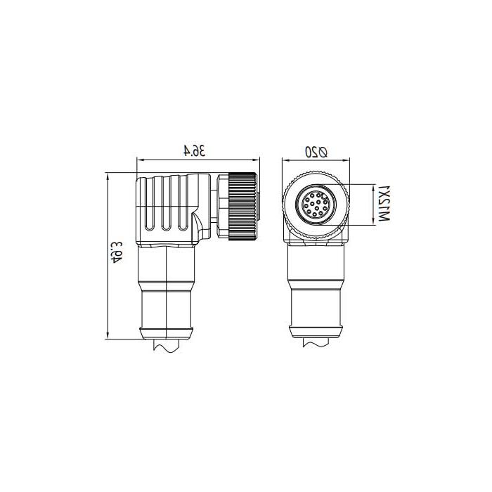 M12 12Pin、母头90°、单端预铸PUR柔性电缆、黑色护套、64S491-XXX